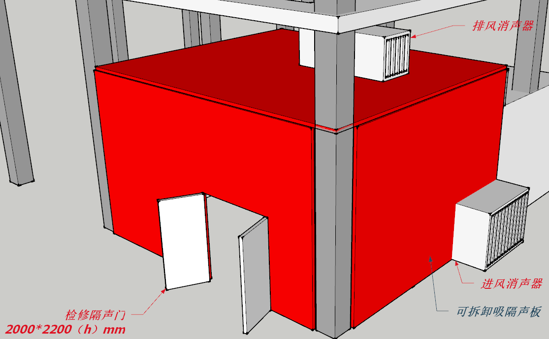 圖3-3 隔聲罩效果圖(西南面視角) 圖3-3 隔聲罩效果圖(西南面視角)